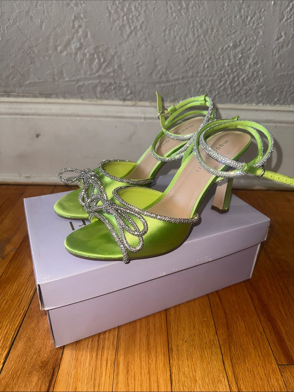 Madden Girl Neon Lime Satin Rhinestone-Knot Ankle Strap Heels 8.5
